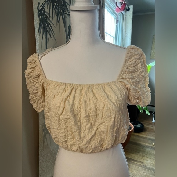 Zara Cotton Blend Gauzy Textured Square Neck Puff Sleeves Crop Top Cream L - Picture 3 of 17